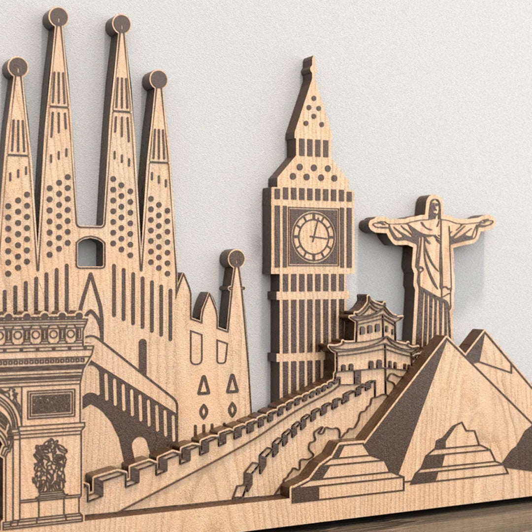 Skyline del Mondo in Legno – Monumenti e Meraviglie da Appendere mappainviaggio