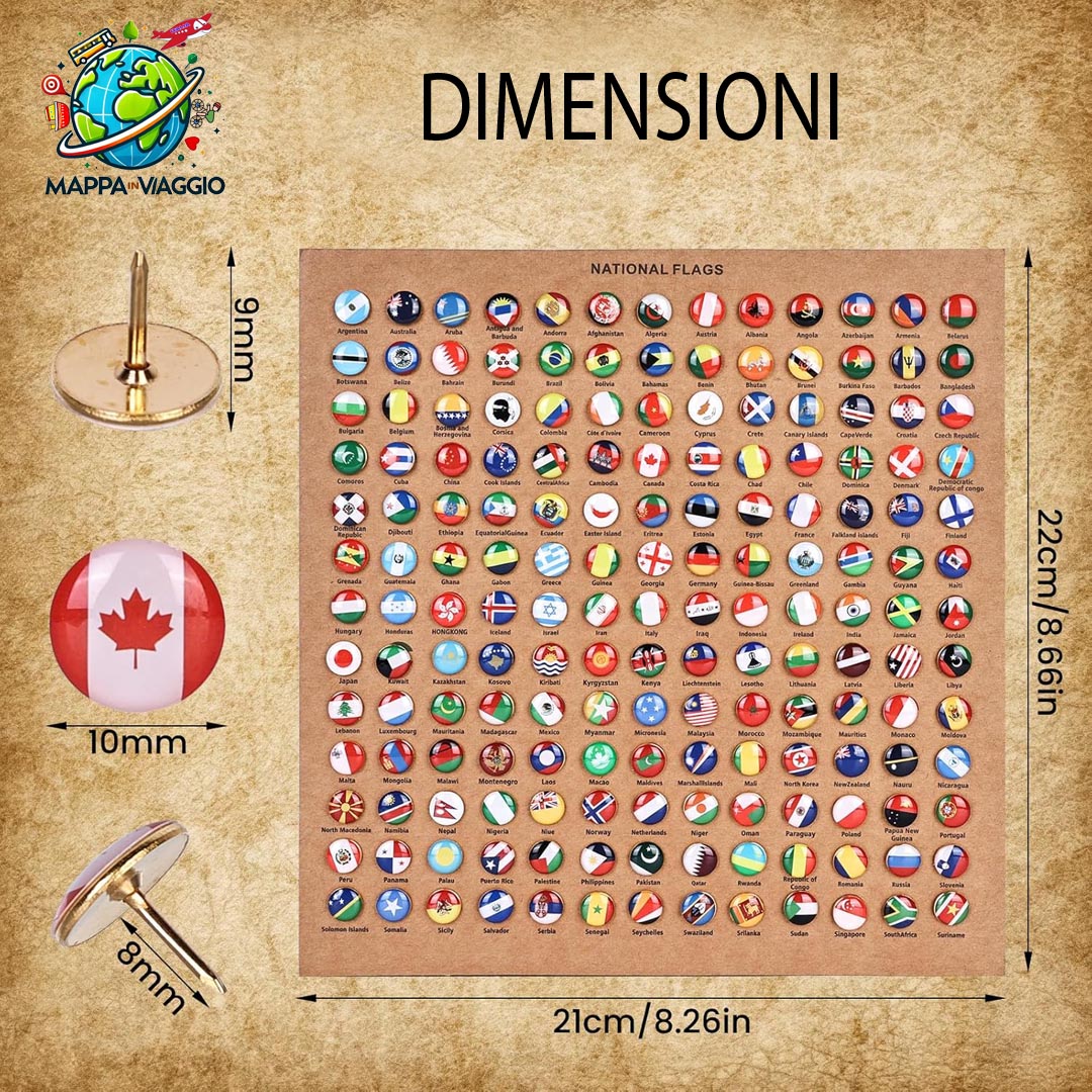 🌍 Puntine con Bandiere dei Paesi – Personalizza la Tua Mappa del Mondo mappainviaggio