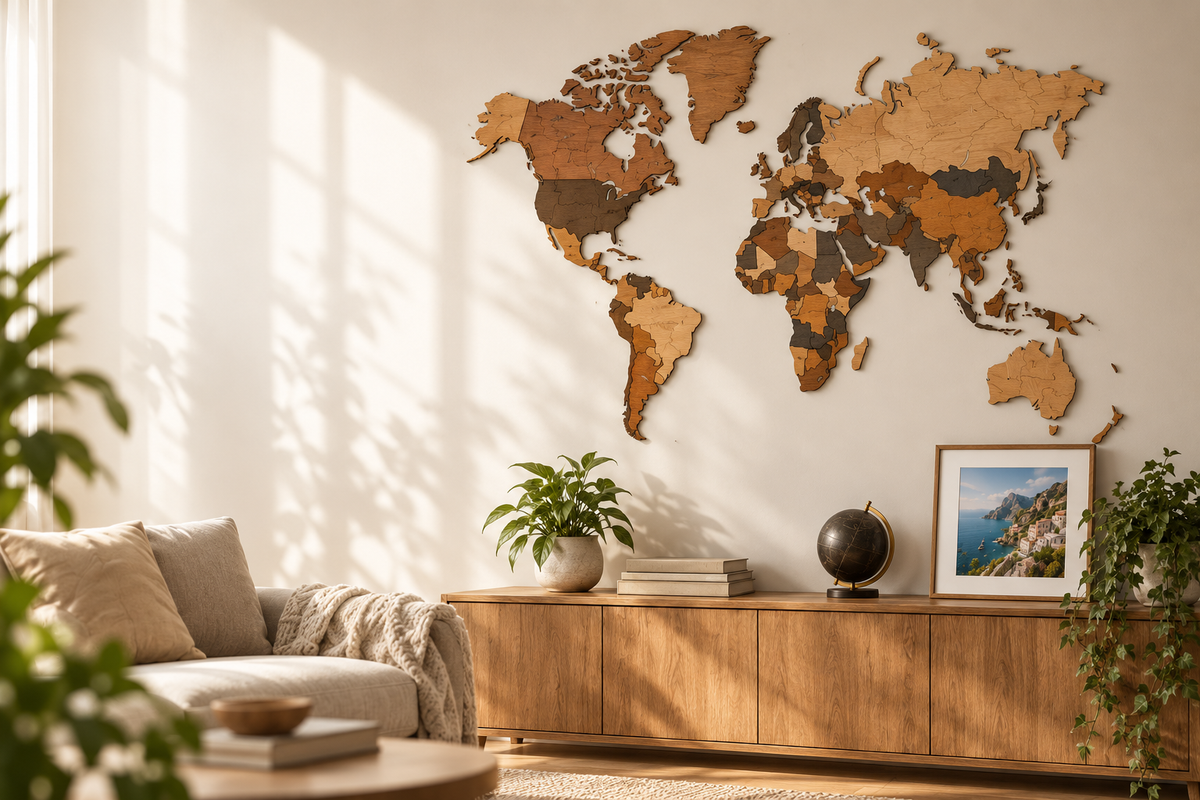 Soggiorno luminoso con mappa del mondo 3D in legno