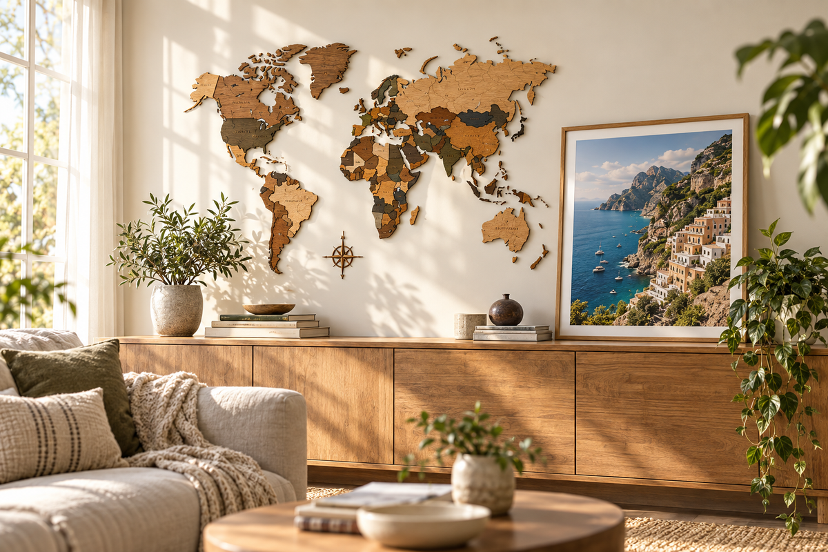 Mappa del mondo 3D in legno accanto a una fotografia di viaggio
