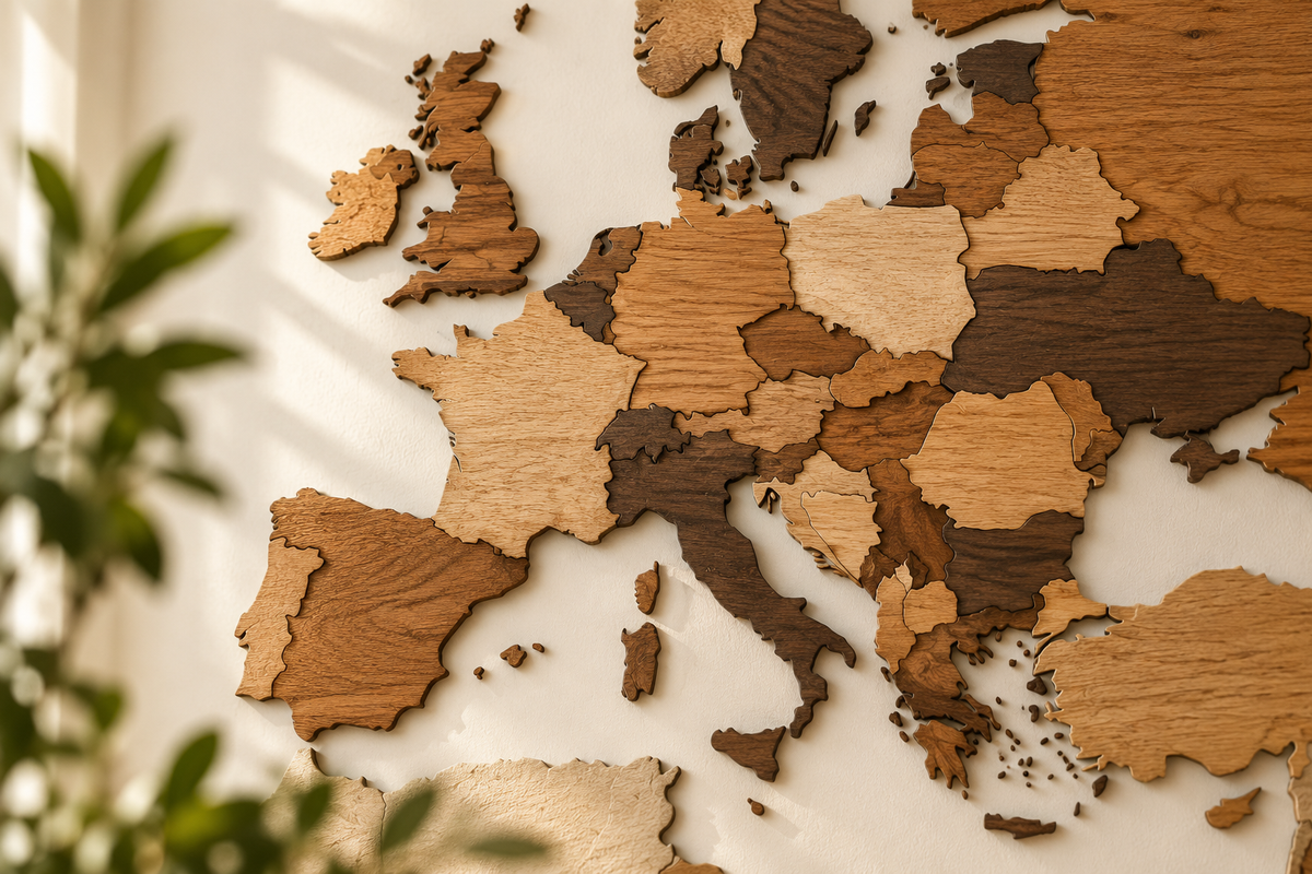 Dettaglio di una mappa 3D in legno dell'Europa